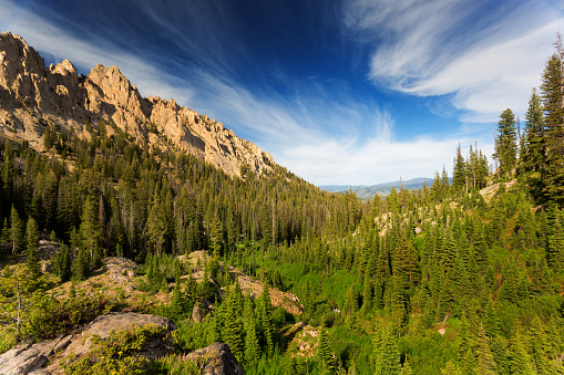Sawtooth Mountains in summer on trail near Stanley...