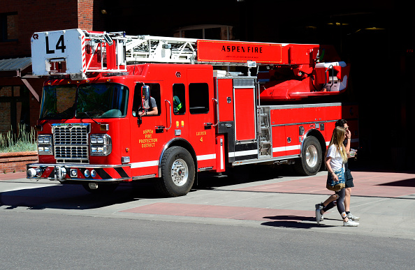 ASPEN, CO - JUNE 10, 2017:  The Aspen Volunteer Fire Department's 'Ladder 4' equipped with an aeria...