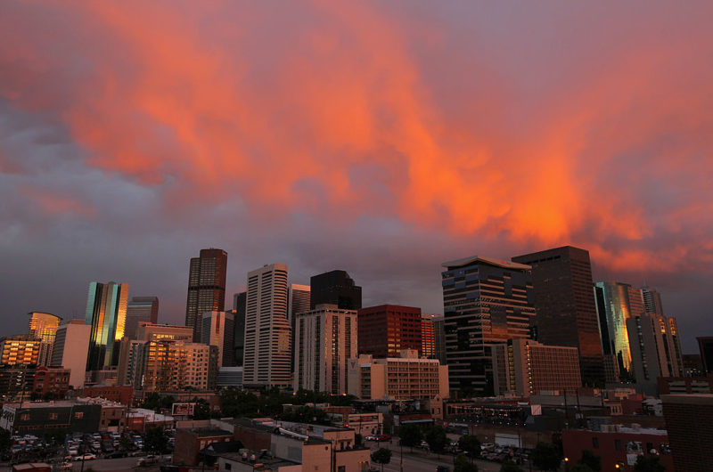 DENVER, CO - JULY 14:  Turbulent weather produced a spectacular sunset over the skyline of the Denv...