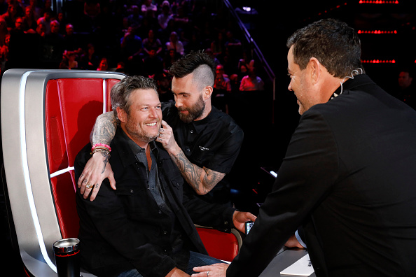 THE VOICE -- "Live Top 8 Results" Episode 1615B -- Pictured: (l-r) Blake Shelton, Adam Levine, Cars...