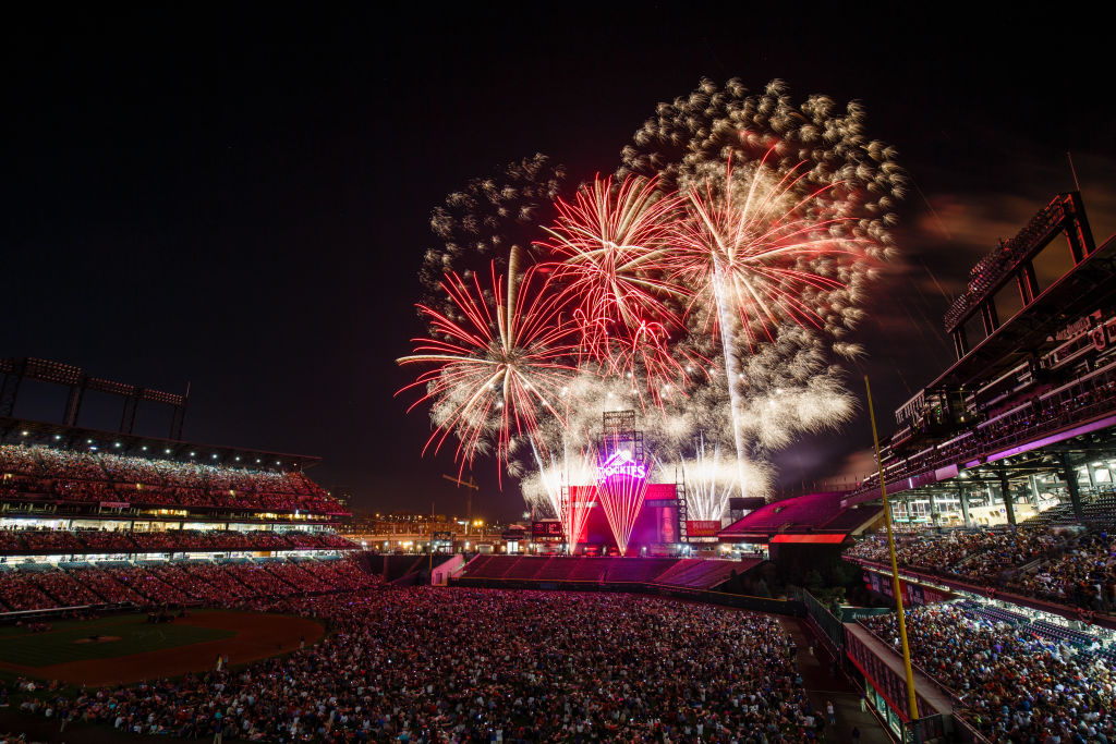 DENVER, CO - JULY 4:  A general view of the stadium as fans enjoy a fireworks display after the Cin...