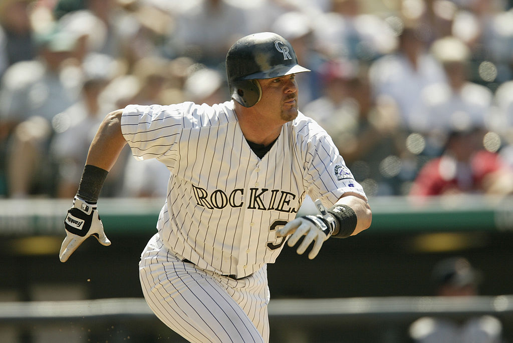 DENVER - JULY 18:  Larry Walker #33 of the Colorado Rockies keeps his eye on the ball as he heads f...