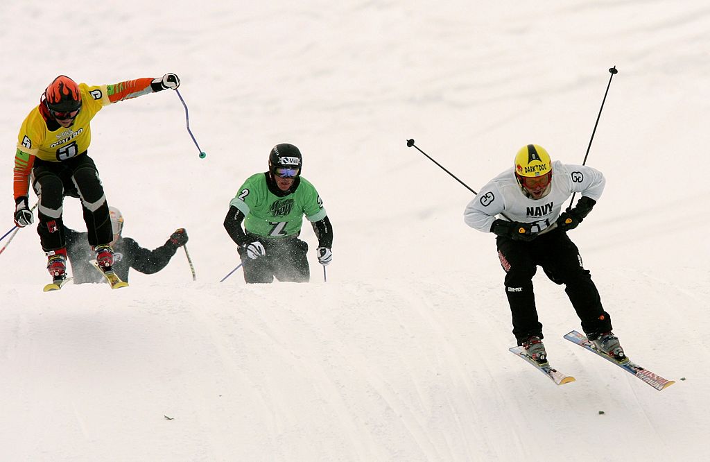 ASPEN, CO - JANUARY 29:  Lars Lewen (R) of Stockholm, Sweden heads for the finish line to take the ...