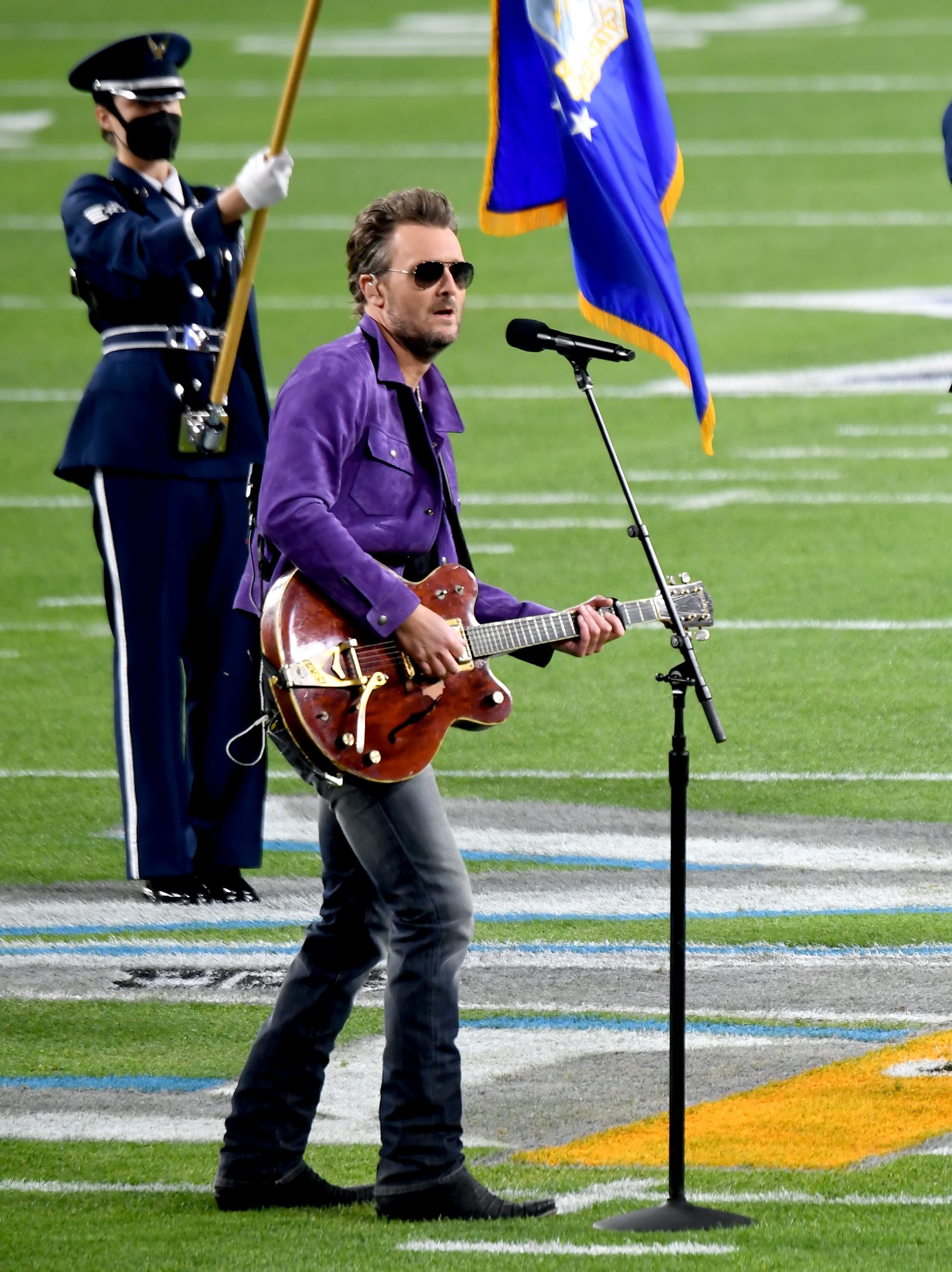 TAMPA, FLORIDA - FEBRUARY 07: Eric Church performs during the Super Bowl LV Pregame at Raymond Jame...