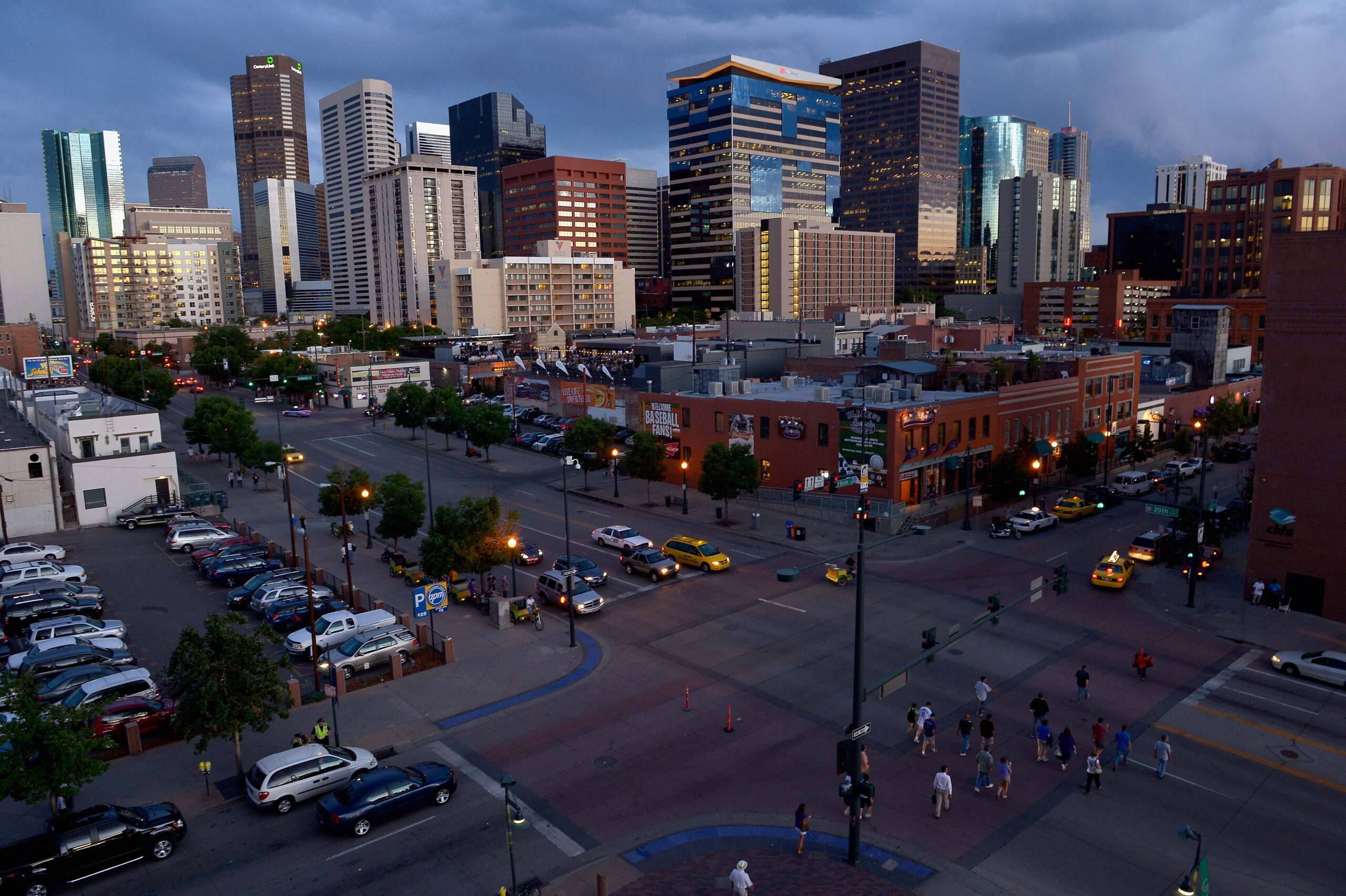 DENVER, CO - JUNE 13: A view of the intersection of 20th Street and Blake Street with the Denver sk...
