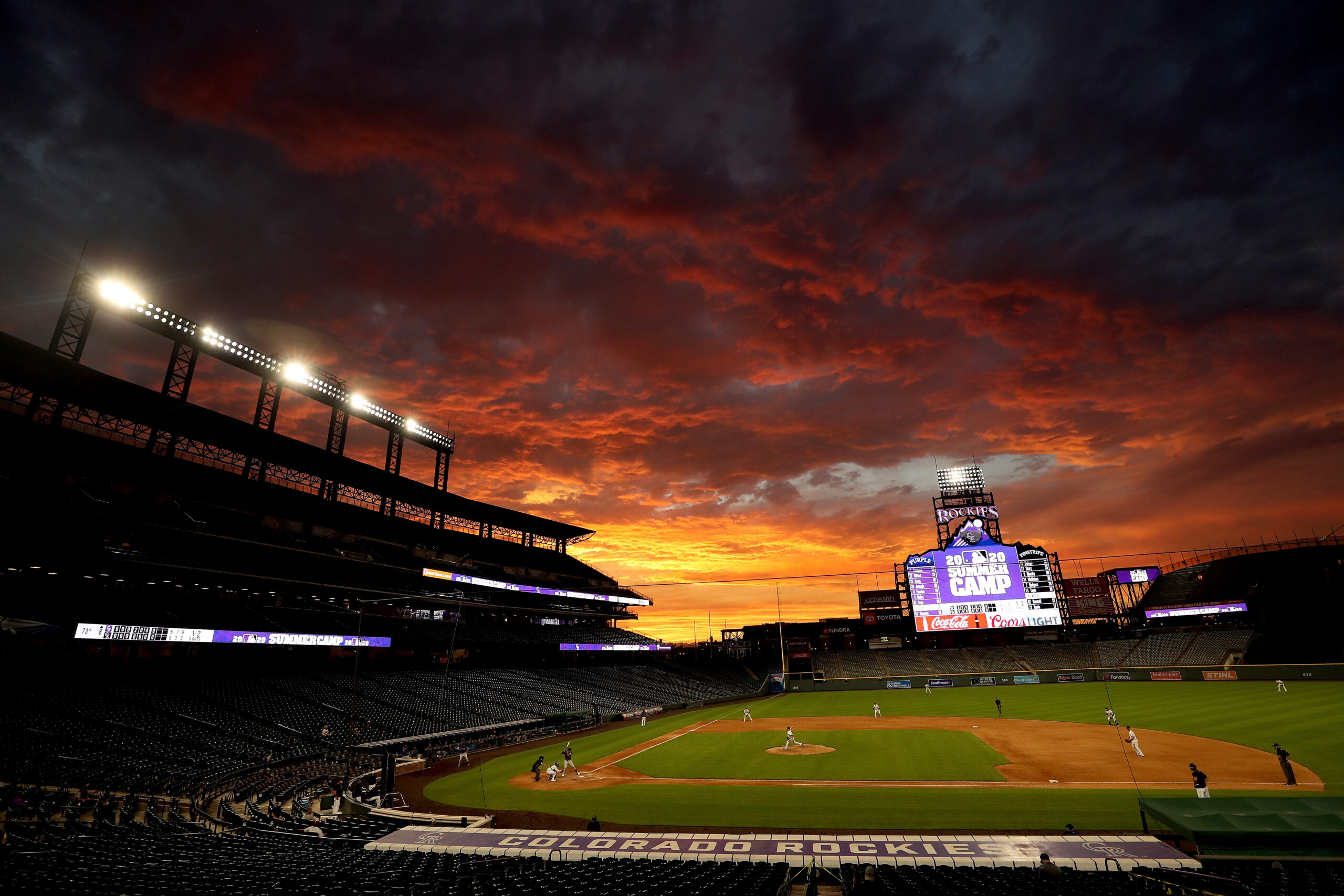 DENVER, COLORADO - JULY 15: The Colorado Rockies play an intrasquad game during summer workouts at ...