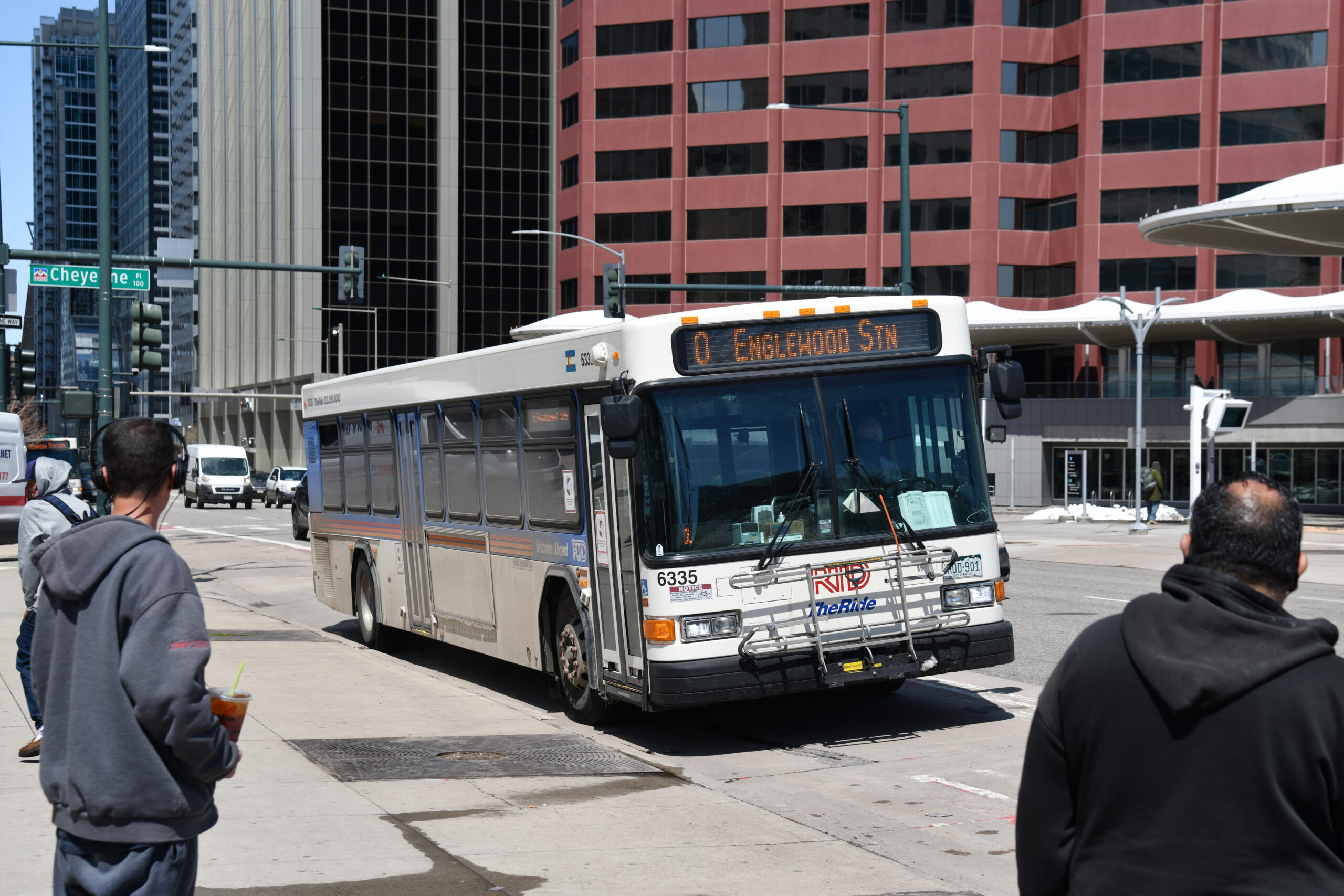 DENVER, CO - APRIL 20 : The RTD 0 Line bus arrives at the bus stop of Broadway and Colfax Ave. in D...