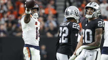 LAS VEGAS, NEVADA - DECEMBER 07: Courtland Sutton #14 of the Denver Broncos reacts after a first do...