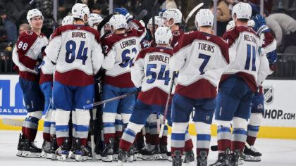 LAS VEGAS, NEVADA - DECEMBER 27: The Colorado Avalanche celebrate their 6-5 shootout victory over t...