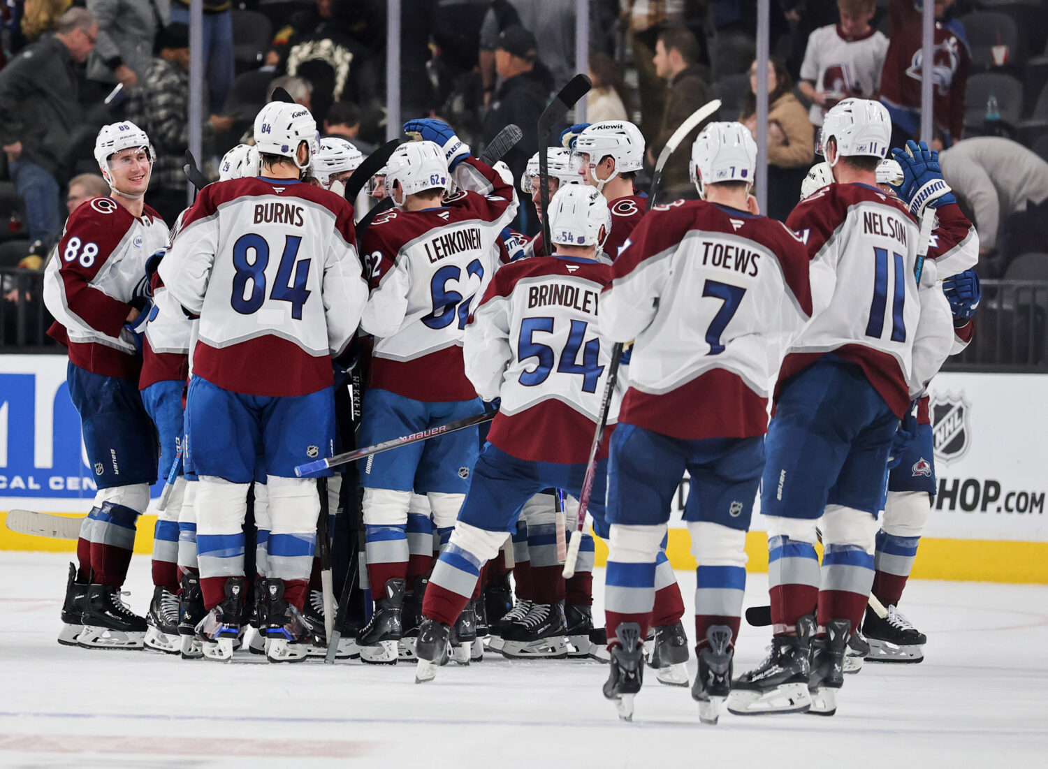 LAS VEGAS, NEVADA - DECEMBER 27: The Colorado Avalanche celebrate their 6-5 shootout victory over t...