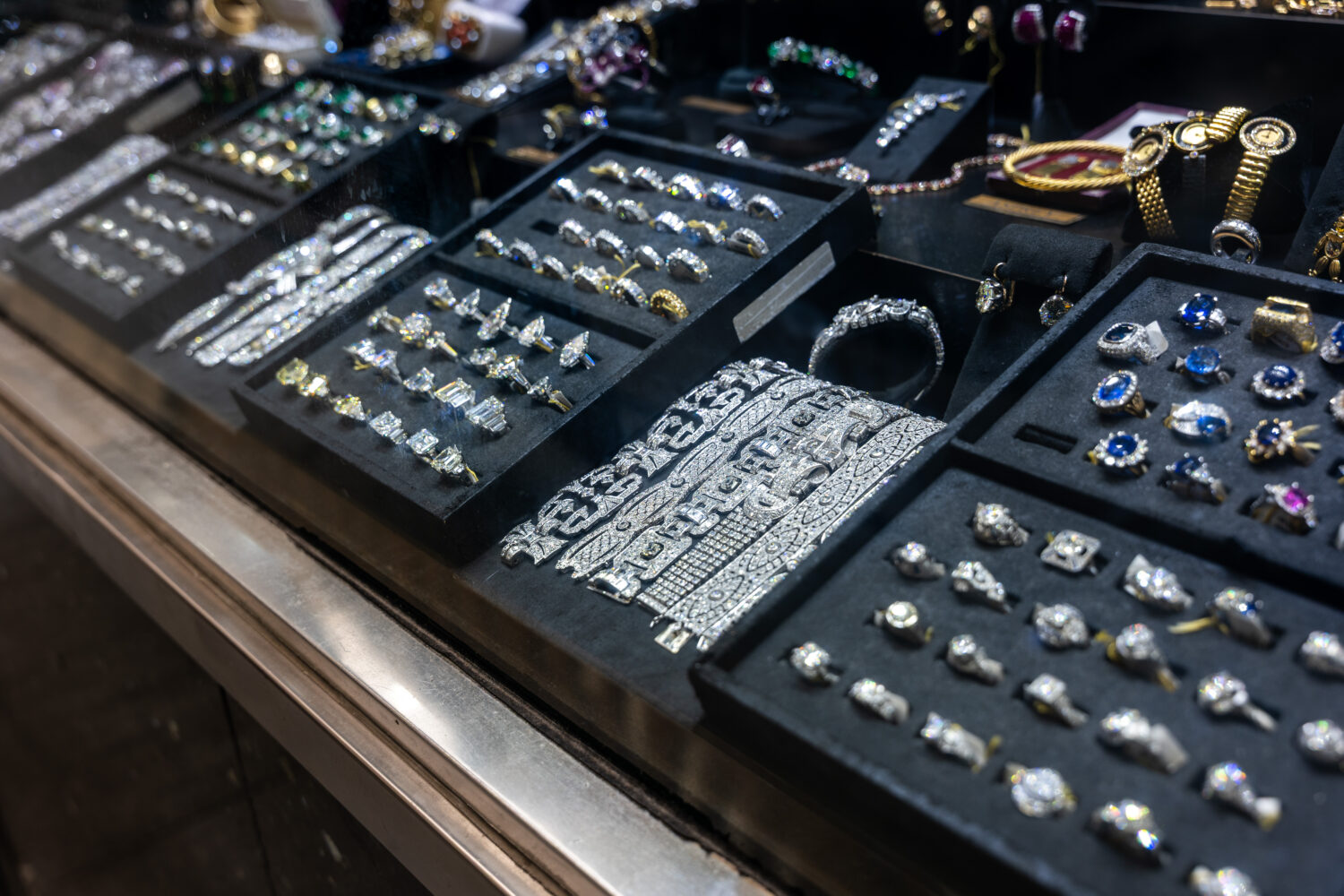 NEW YORK, NEW YORK - OCTOBER 14: Silver jewelry is displayed in the Manhattan Jewelry district on O...