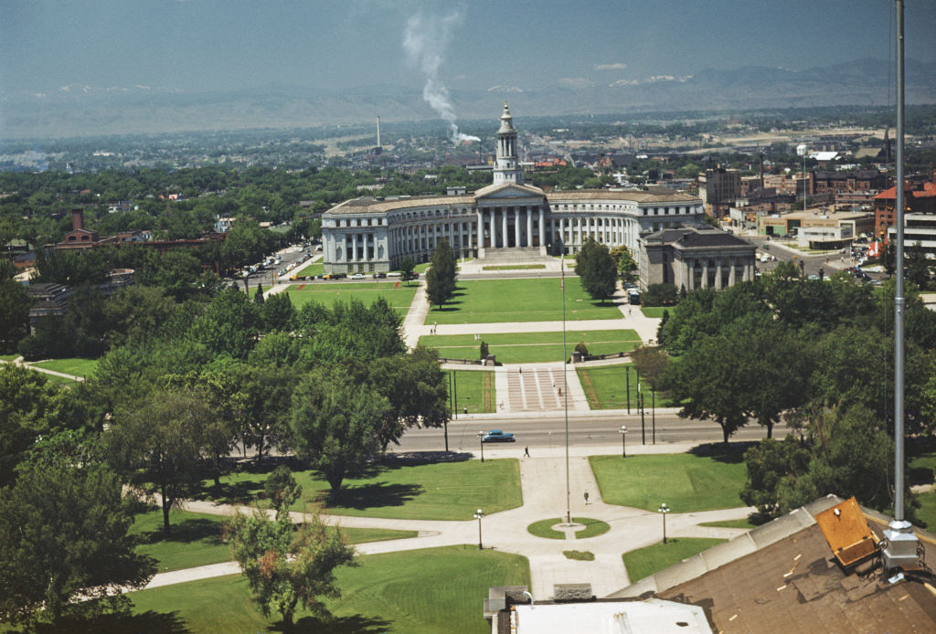 A raised view of the City and County Building, Denver Civic Center, Denver, Colorado, circa 1962. (...