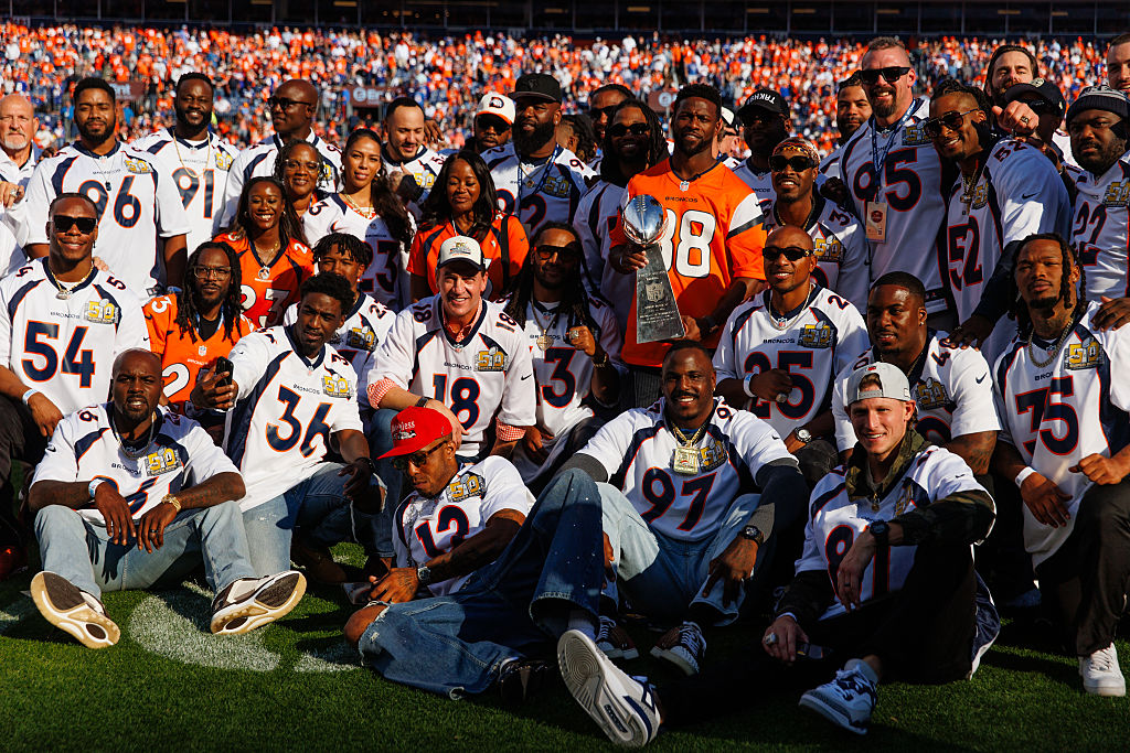 DENVER, CO - OCTOBER 19:  Members of the Denver Broncos Super Bowl 50 championship team including P...