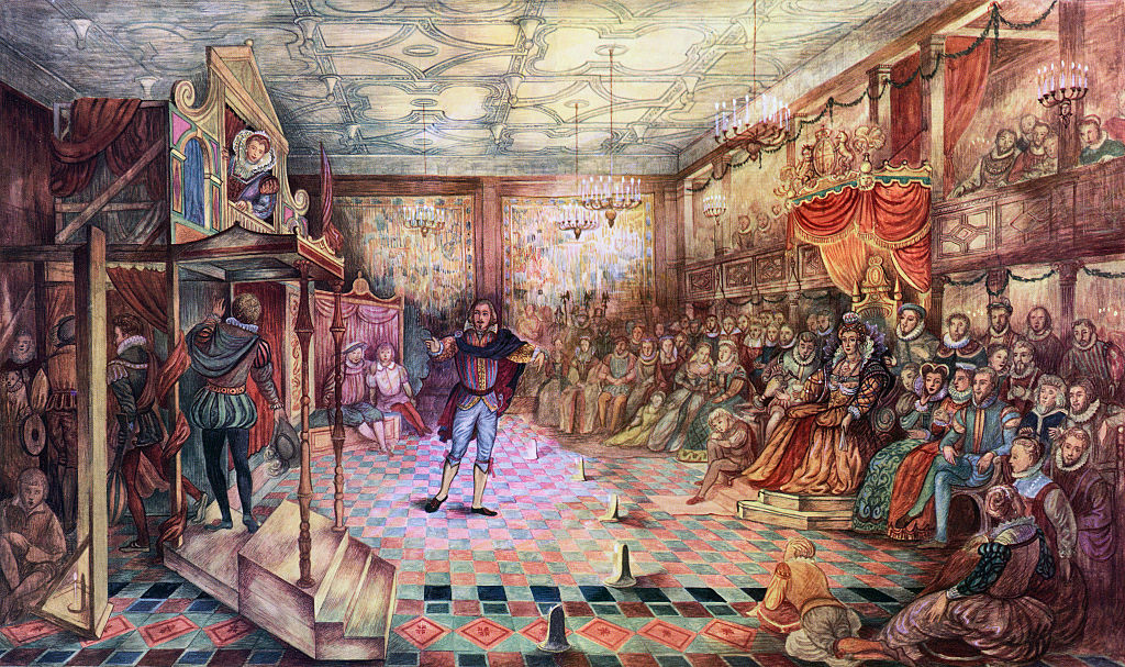 Vintage illustration of William Shakespeare and the Lord Chamberlain's Company performing 'Two Gent...