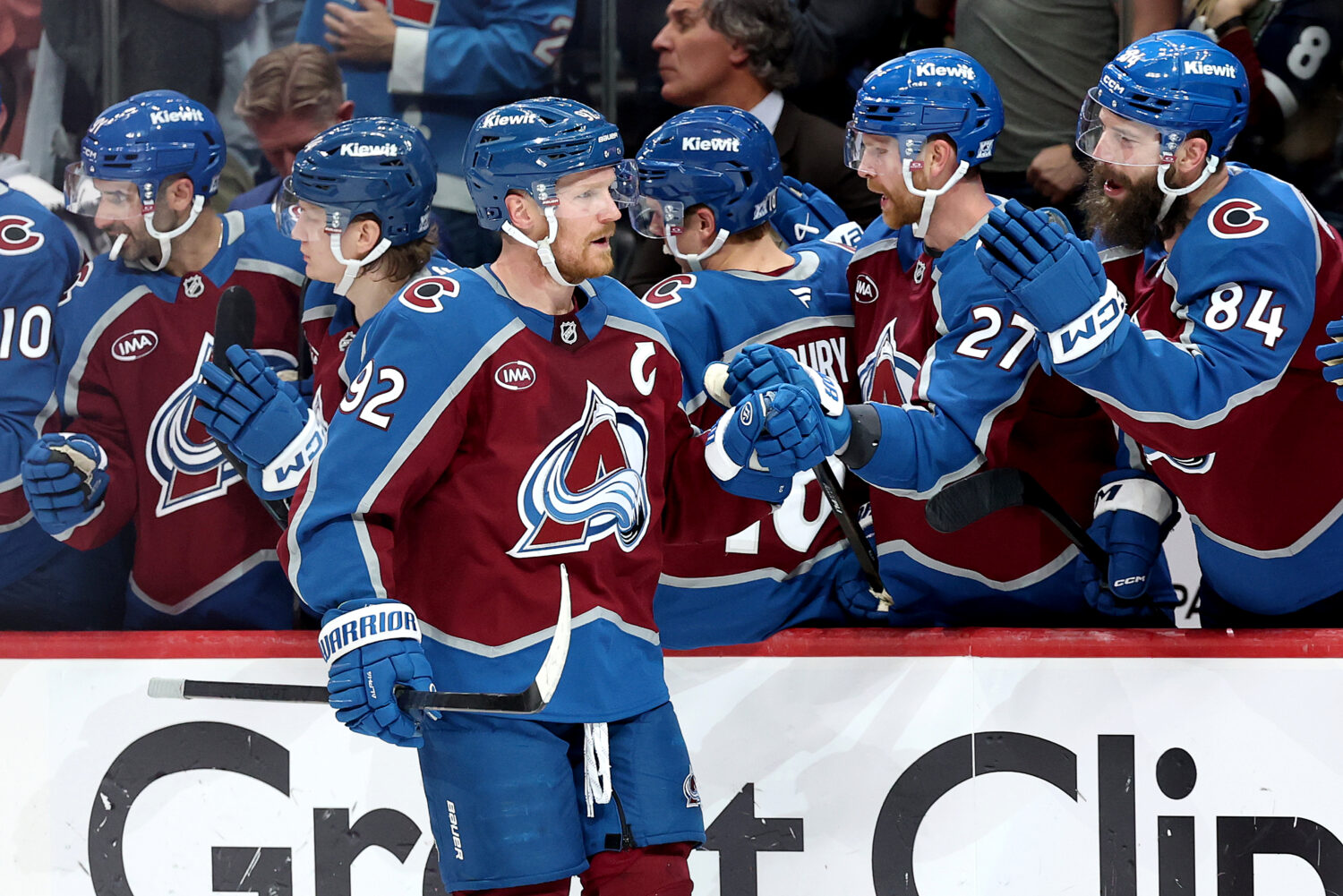 DENVER, COLORADO - APRIL 21: Gabriel Landeskog #92 of the Colorado Avalanche celebrates with his te...