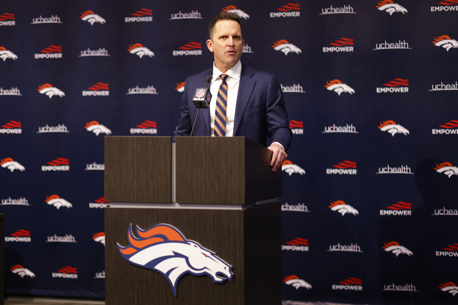 ENGLEWOOD, CO - MARCH 16:  General Manager George Paton of the Denver Broncos addresses the media b...
