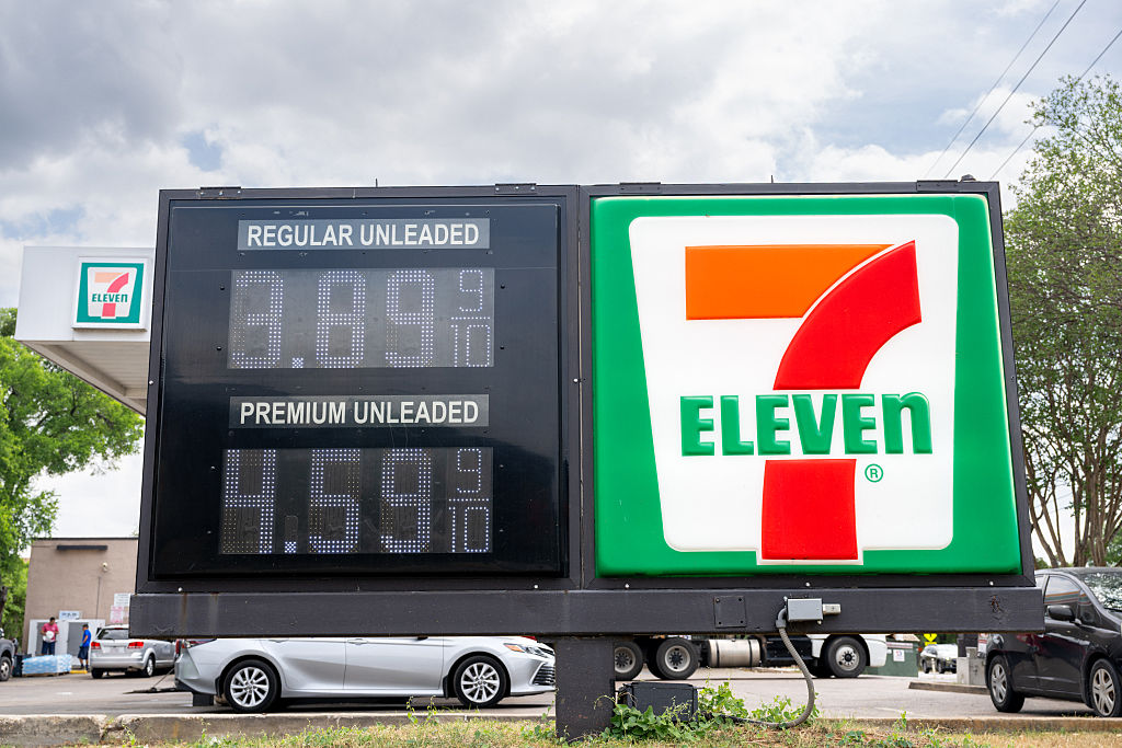 AUSTIN, TEXAS - MARCH 31: Gas prices are displayed at a 7 Eleven gas station on March 31, 2026 in A...