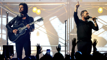 LAS VEGAS, NEVADA - MAY 17: EDITORIAL USE ONLY. (L-R) Dan Smyers and Shay Mooney of Dan + Shay perf...