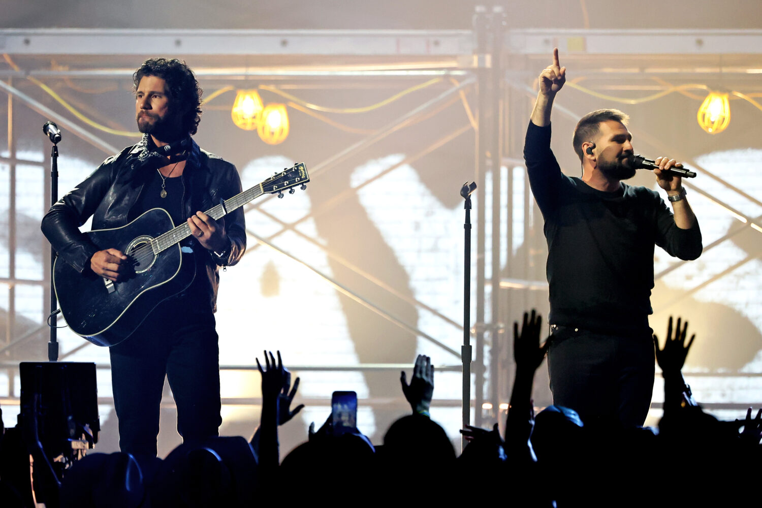 LAS VEGAS, NEVADA - MAY 17: EDITORIAL USE ONLY. (L-R) Dan Smyers and Shay Mooney of Dan + Shay perf...