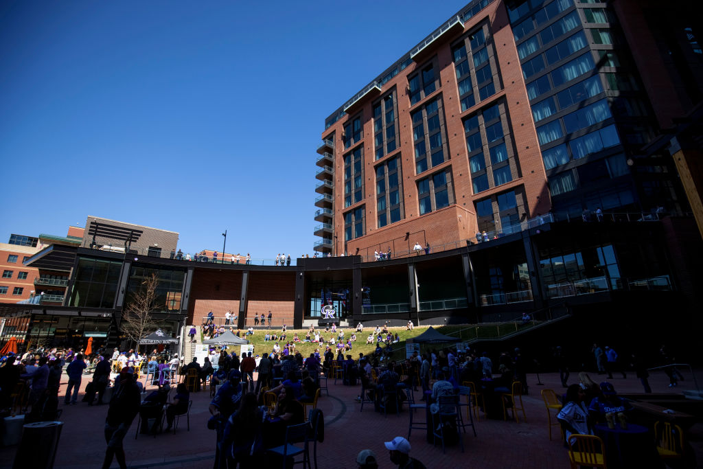 DENVER, CO - APRIL 1:  A general view of fans enjoying McGregor Square ahead of a game between the ...