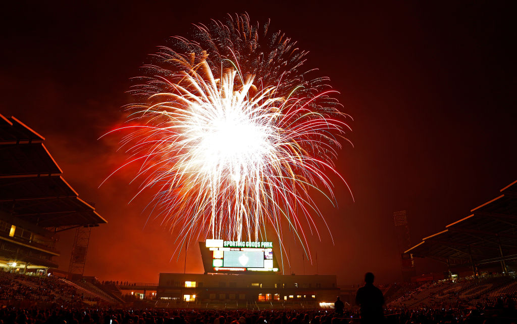 COMMERCE CITY, CO - JULY 4:  Post game fireworks entertain the crowd at Dick's Sporting Goods Park ...
