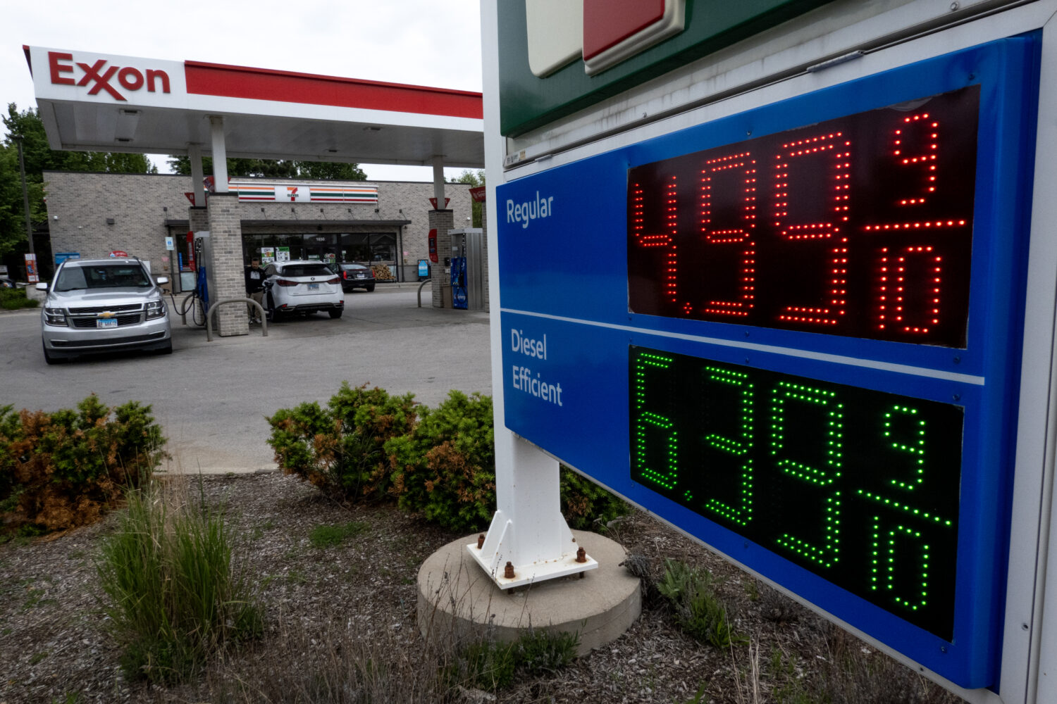 ROLLING MEADOWS, ILLINOIS - MAY 21:  Gas prices are displayed at a station on May 21, 2026 in Rolli...