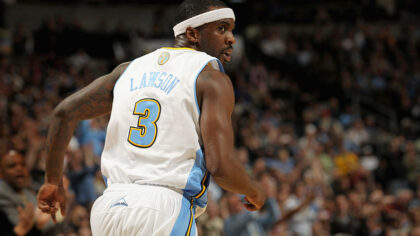 DENVER, CO - MARCH 23:  Ty Lawson #3 of the Denver Nuggets looks on against the San Antonio Spurs a...