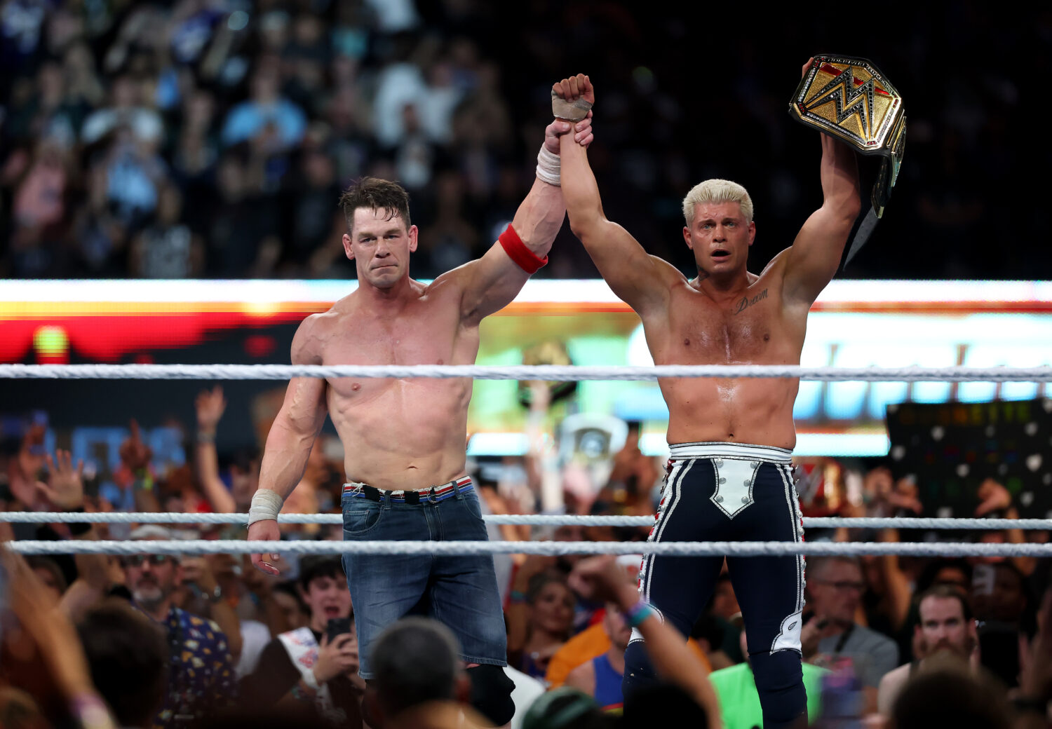 John Cena congratulating Cody Rhodes after Rhodes became the undisputed of WWE in 2025....