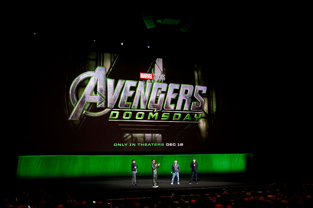 LAS VEGAS, NEVADA - APRIL 16: (L-R) Anthony Russo, Robert Downey Jr., Joe Russo and Kevin Feige, Pr...