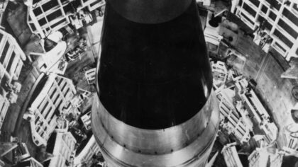 13th February 1965:  The Titan II Intercontinental range missile, ready for launching on its 150 fe...