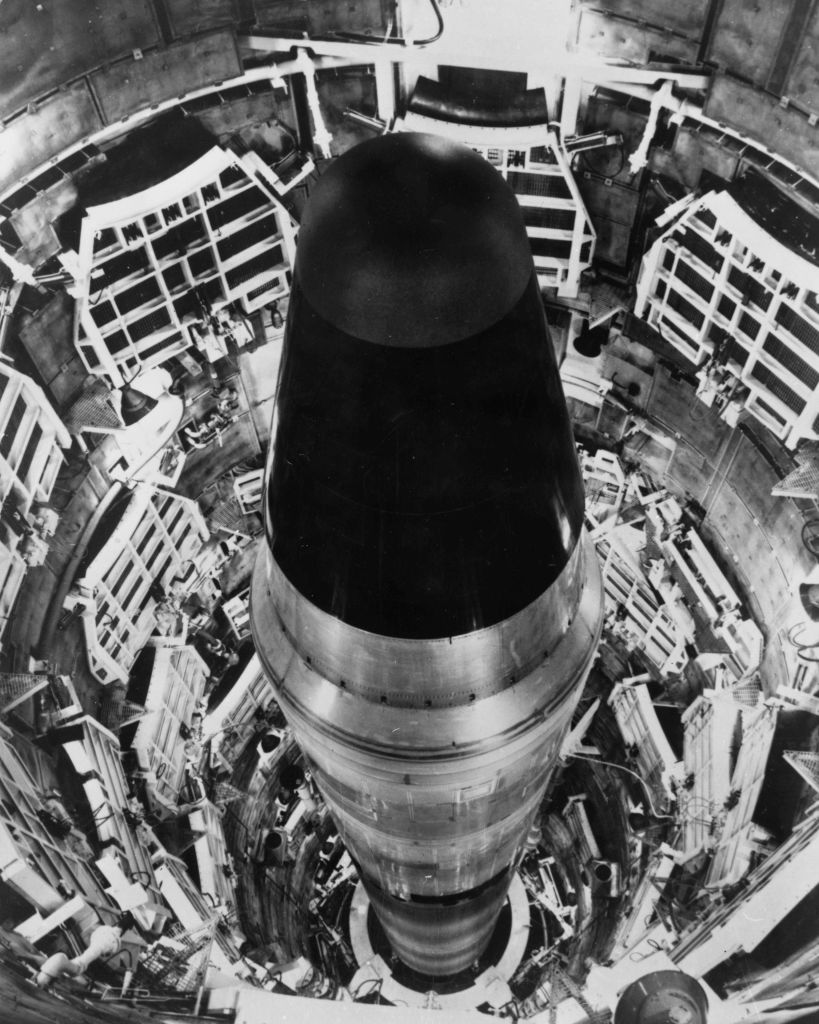 13th February 1965:  The Titan II Intercontinental range missile, ready for launching on its 150 fe...