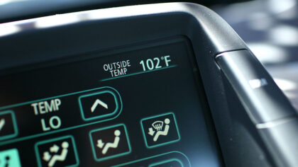 PETALUMA, CA - JUNE 20:  A car thermometer displays an outside temperature of 102 degrees June 20, ...