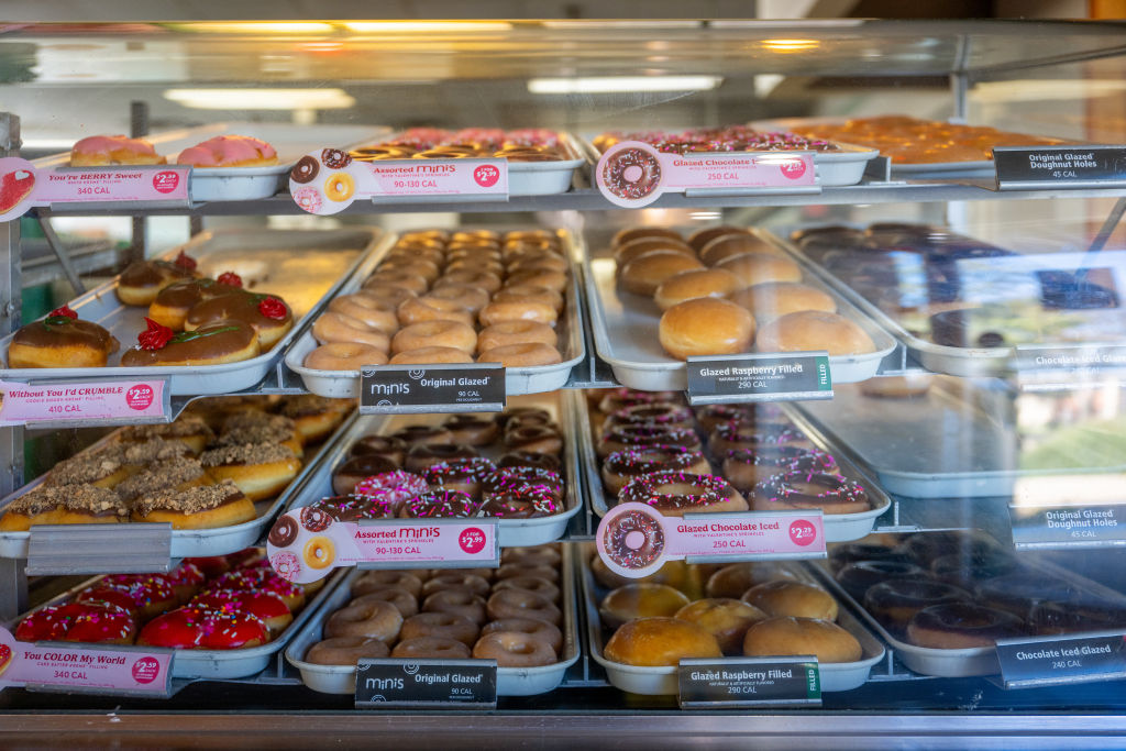 AUSTIN, TEXAS - FEBRUARY 13: Doughnuts are displayed for sale at a Krispy Kreme store on February 1...