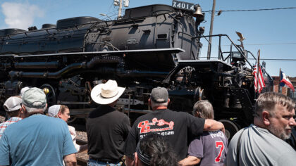 TAMA, IOWA - JUNE 01: People gather along the railroad tracks to watch as Union Pacific’s Big Boy...