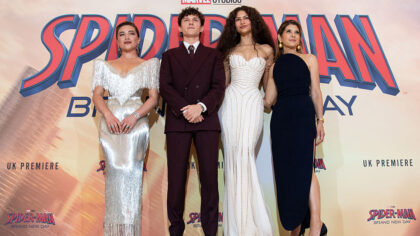 LONDON, ENGLAND - JULY 29: (L-R) Florence Pugh, Tom Holland, Zendaya and Marisa Tomei attend the Sp...