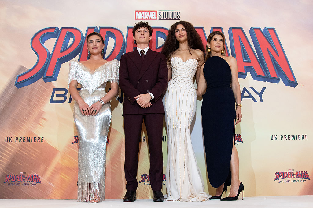LONDON, ENGLAND - JULY 29: (L-R) Florence Pugh, Tom Holland, Zendaya and Marisa Tomei attend the Sp...