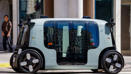SAN FRANCISCO, CALIFORNIA - AUGUST 03: An Amazon-owned Zoox driverless robotaxi drives down a stree...