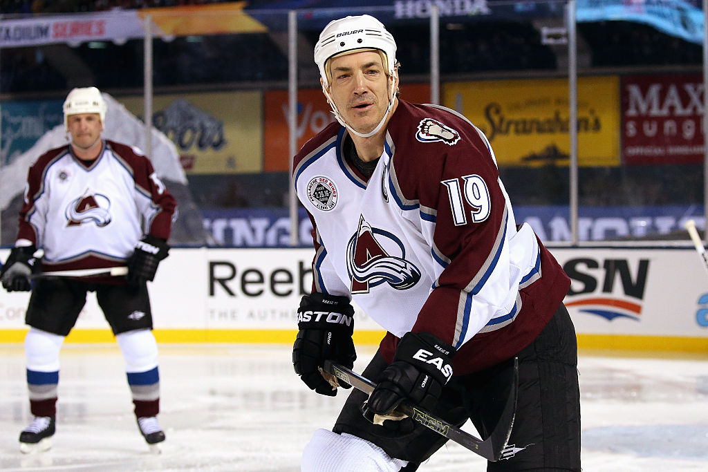 DENVER, CO - FEBRUARY 26:  Joe Sakic #19 of the Colorado Avalanche skates against the Detroit Red W...