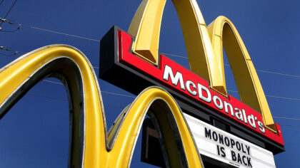 NILES, IL - OCTOBER 5:  A sign for the new Monopoly game is seen outside a McDonald's restaurant Oc...