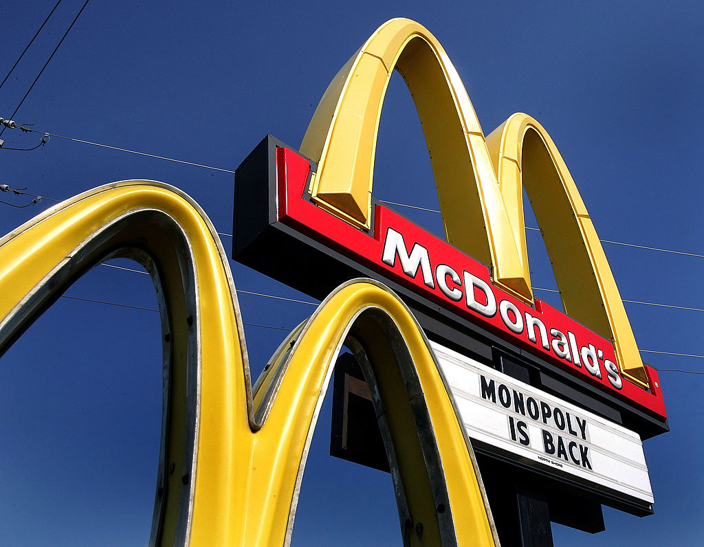 NILES, IL - OCTOBER 5:  A sign for the new Monopoly game is seen outside a McDonald's restaurant Oc...