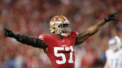 SANTA CLARA, CALIFORNIA - JANUARY 28: Dre Greenlaw #57 of the San Francisco 49ers celebrates after ...