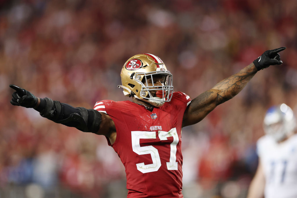 SANTA CLARA, CALIFORNIA - JANUARY 28: Dre Greenlaw #57 of the San Francisco 49ers celebrates after ...