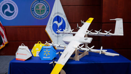 WASHINGTON, DC - AUGUST 05: A Wing Delivery Drone is displayed at a news conference on drone safety...