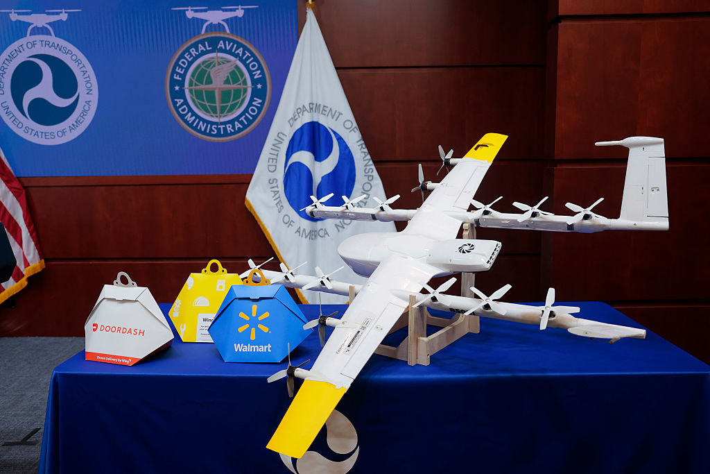 WASHINGTON, DC - AUGUST 05: A Wing Delivery Drone is displayed at a news conference on drone safety...